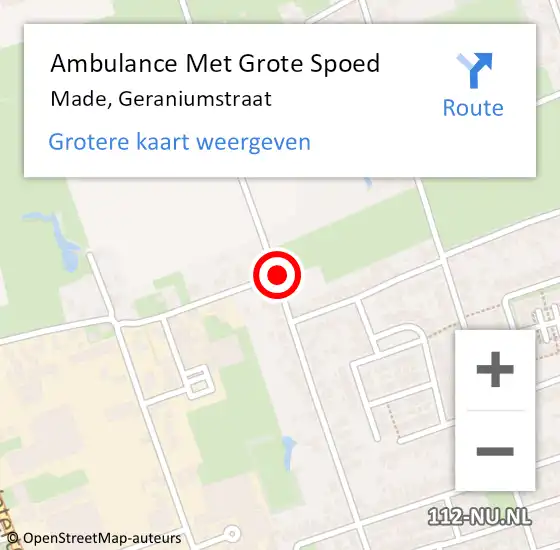 Locatie op kaart van de 112 melding: Ambulance Met Grote Spoed Naar Made, Geraniumstraat op 6 juni 2019 17:52