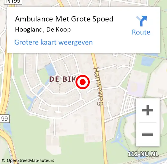 Locatie op kaart van de 112 melding: Ambulance Met Grote Spoed Naar Hoogland, De Koop op 9 juni 2019 04:09