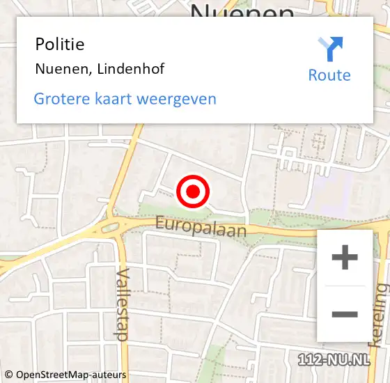 Locatie op kaart van de 112 melding: Politie Nuenen, Lindenhof op 9 juni 2019 20:12