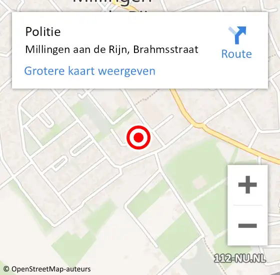 Locatie op kaart van de 112 melding: Politie Millingen aan de Rijn, Brahmsstraat op 10 juni 2019 00:12