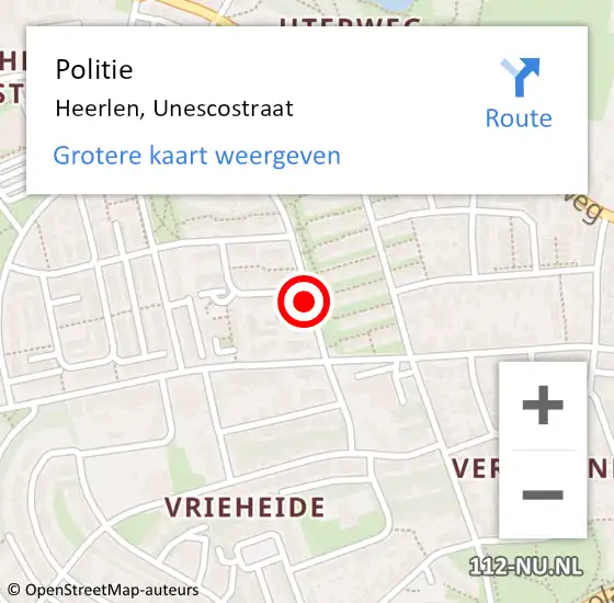 Locatie op kaart van de 112 melding: Politie Heerlen, Unescostraat op 10 juni 2019 22:16