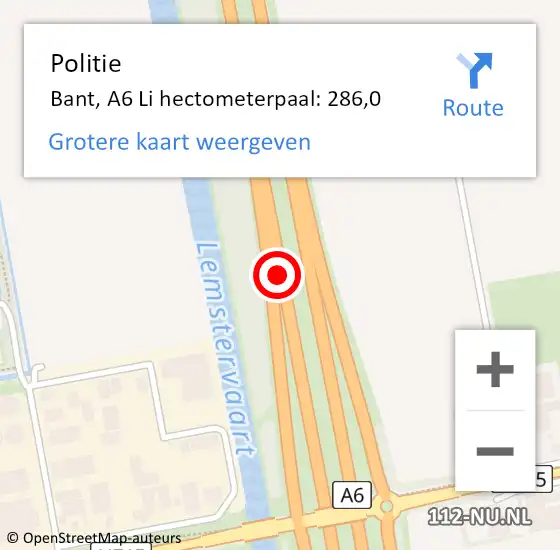 Locatie op kaart van de 112 melding: Politie Bant, A6 Li hectometerpaal: 286,0 op 11 juni 2019 15:34