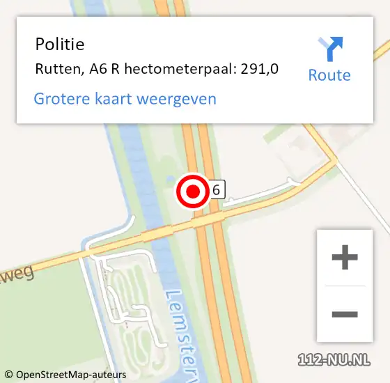 Locatie op kaart van de 112 melding: Politie Rutten, A6 R hectometerpaal: 291,0 op 11 juni 2019 16:31