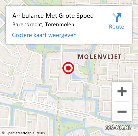 Locatie op kaart van de 112 melding: Ambulance Met Grote Spoed Naar Barendrecht, Torenmolen op 12 juni 2019 23:21