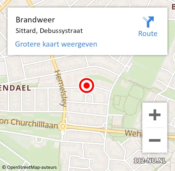 Locatie op kaart van de 112 melding: Brandweer Sittard, Debussystraat op 13 juni 2019 22:13