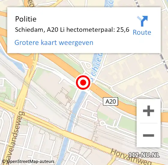 Locatie op kaart van de 112 melding: Politie Schiedam, A20 Li hectometerpaal: 24,1 op 14 juni 2019 15:15