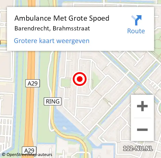 Locatie op kaart van de 112 melding: Ambulance Met Grote Spoed Naar Barendrecht, Brahmsstraat op 14 juni 2019 19:51