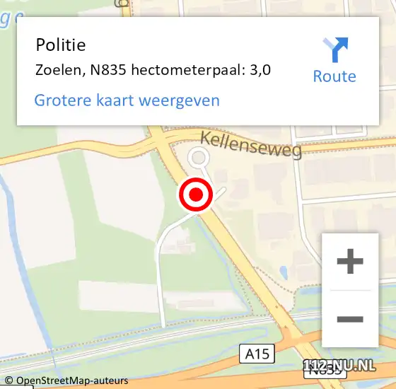 Locatie op kaart van de 112 melding: Politie Zoelen, N835 hectometerpaal: 3,0 op 15 juni 2019 19:01