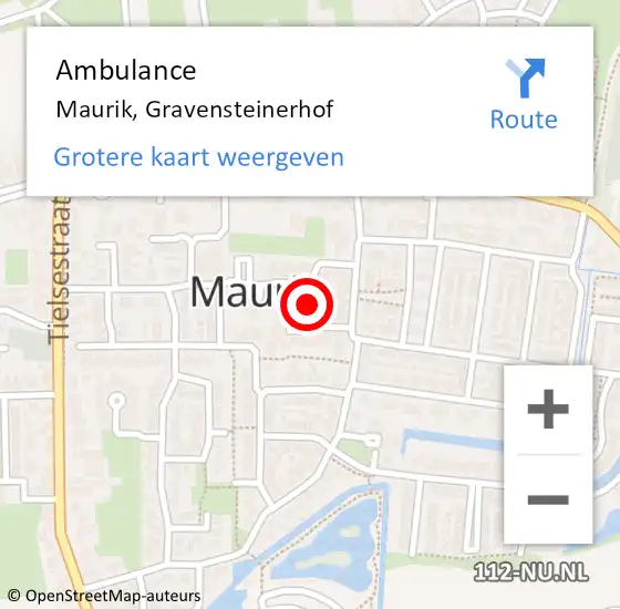 Locatie op kaart van de 112 melding: Ambulance Maurik, Gravensteinerhof op 16 juni 2019 00:01