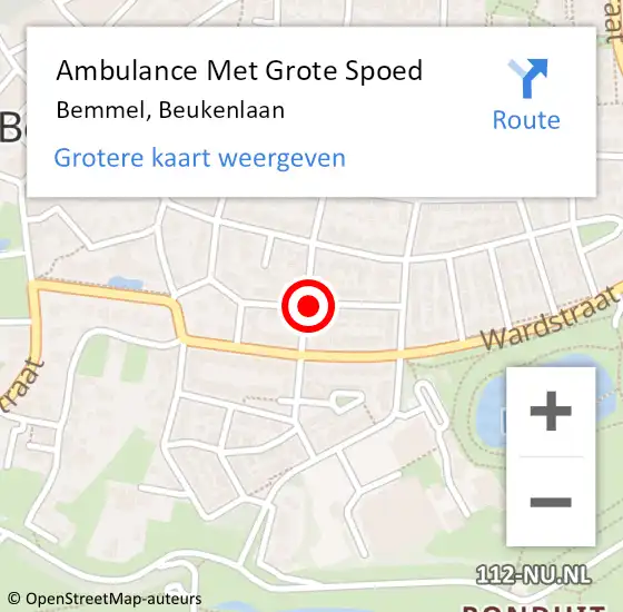 Locatie op kaart van de 112 melding: Ambulance Met Grote Spoed Naar Bemmel, Beukenlaan op 16 juni 2019 00:49