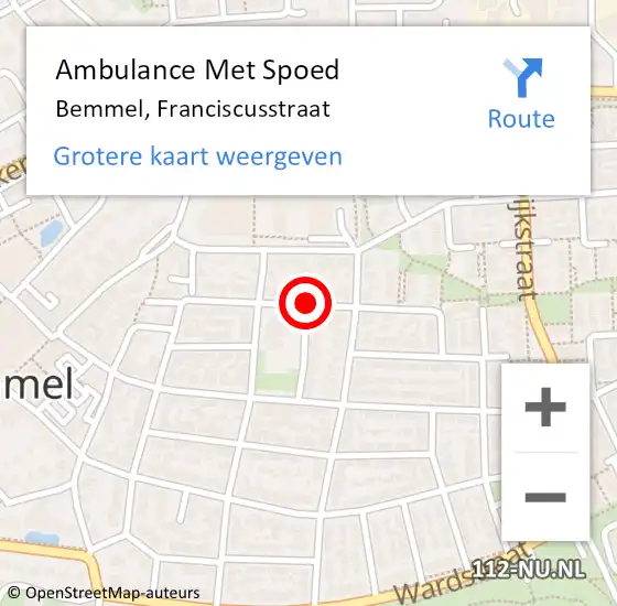 Locatie op kaart van de 112 melding: Ambulance Met Spoed Naar Bemmel, Franciscusstraat op 16 juni 2019 09:10
