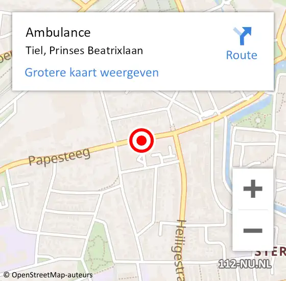 Locatie op kaart van de 112 melding: Ambulance Tiel, Prinses Beatrixlaan op 16 juni 2019 10:02