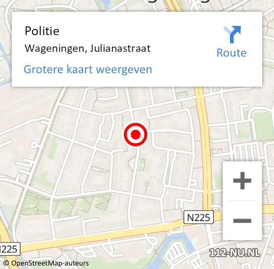 Locatie op kaart van de 112 melding: Politie Wageningen, Julianastraat op 16 juni 2019 16:44