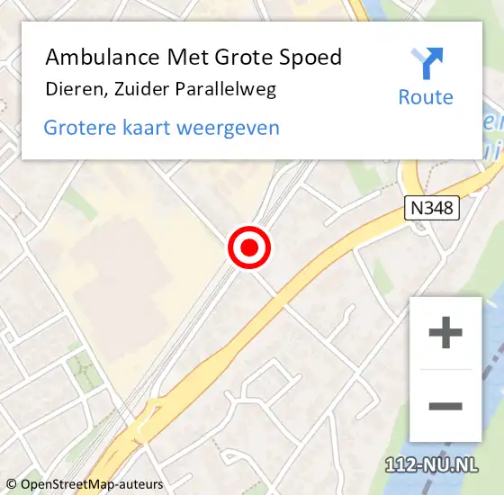 Locatie op kaart van de 112 melding: Ambulance Met Grote Spoed Naar Dieren, Zuider Parallelweg op 17 juni 2019 11:19