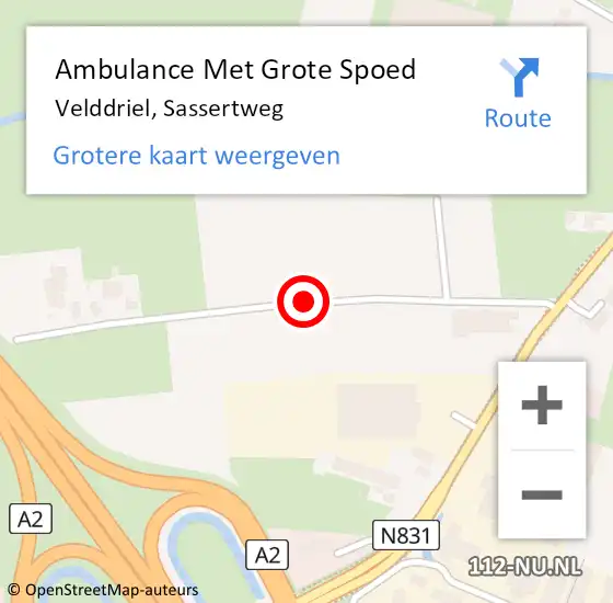 Locatie op kaart van de 112 melding: Ambulance Met Grote Spoed Naar Velddriel, Sassertweg op 18 juni 2019 15:01