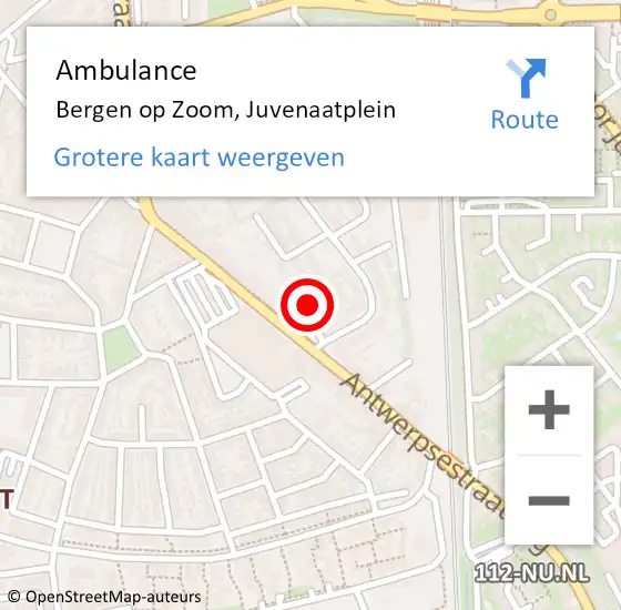 Locatie op kaart van de 112 melding: Ambulance Bergen op Zoom, Juvenaatplein op 18 juni 2019 15:44