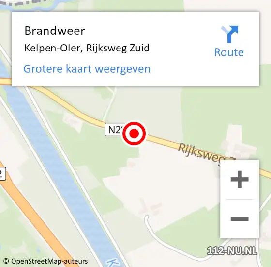 Locatie op kaart van de 112 melding: Brandweer Kelpen-Oler, Rijksweg Zuid op 18 juni 2019 15:46