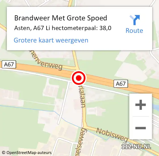 Locatie op kaart van de 112 melding: Brandweer Met Grote Spoed Naar Asten, A67 Li hectometerpaal: 38,0 op 19 juni 2019 19:48