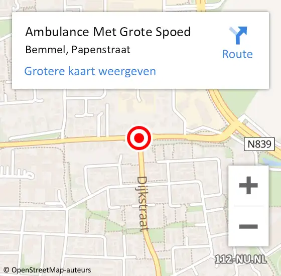 Locatie op kaart van de 112 melding: Ambulance Met Grote Spoed Naar Bemmel, Papenstraat op 22 juni 2019 04:28