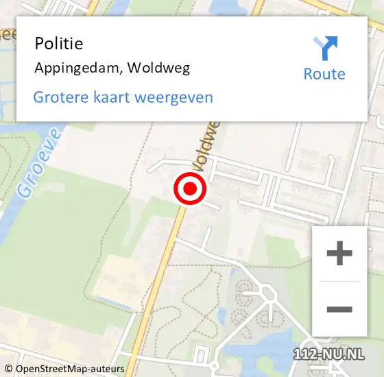 Locatie op kaart van de 112 melding: Politie Appingedam, Woldweg op 22 juni 2019 16:40