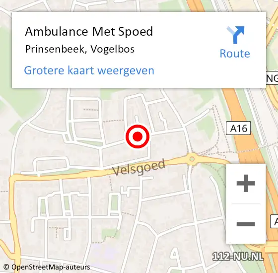 Locatie op kaart van de 112 melding: Ambulance Met Spoed Naar Prinsenbeek, Vogelbos op 25 juni 2019 01:29