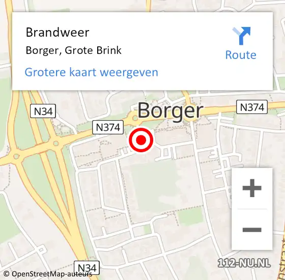 Locatie op kaart van de 112 melding: Brandweer Borger, Grote Brink op 26 juni 2019 01:39
