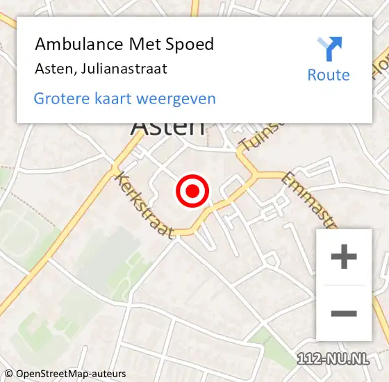 Locatie op kaart van de 112 melding: Ambulance Met Spoed Naar Asten, Julianastraat op 26 juni 2019 12:18