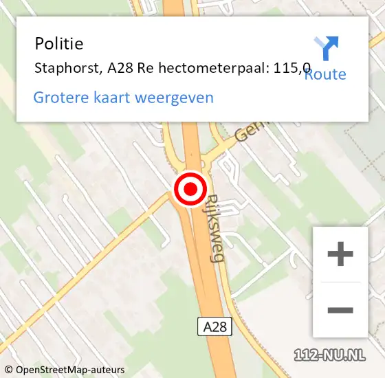 Locatie op kaart van de 112 melding: Politie Staphorst, A28 Re hectometerpaal: 115,0 op 26 juni 2019 18:53