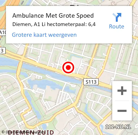 Locatie op kaart van de 112 melding: Ambulance Met Grote Spoed Naar Diemen, A1 Re hectometerpaal: 6,0 op 26 juni 2019 18:57