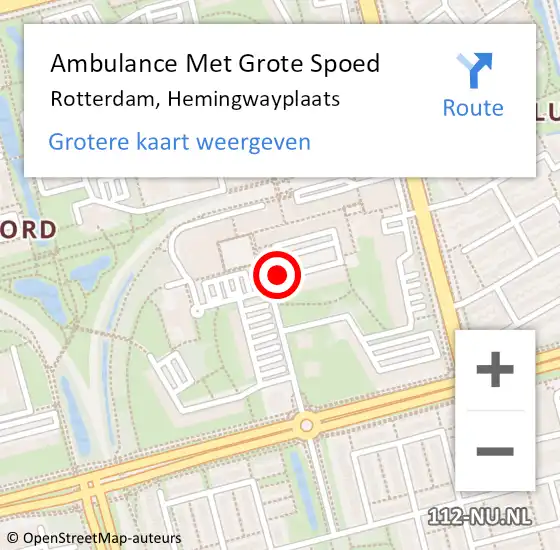 Locatie op kaart van de 112 melding: Ambulance Met Grote Spoed Naar Rotterdam, Hemingwayplaats op 26 juni 2019 20:21