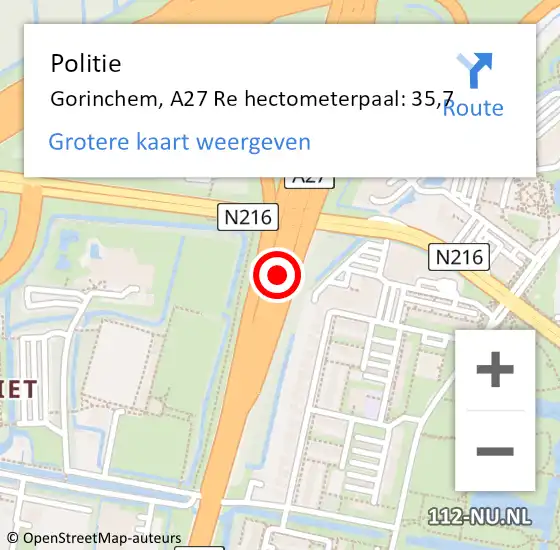 Locatie op kaart van de 112 melding: Politie Gorinchem, A27 Re op 27 juni 2019 05:07