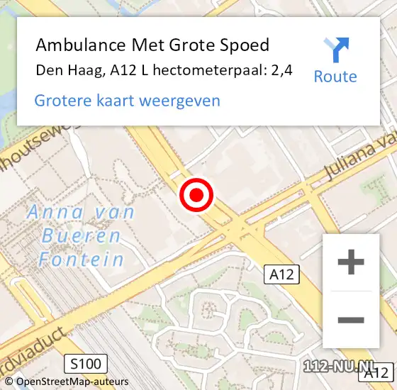 Locatie op kaart van de 112 melding: Ambulance Met Grote Spoed Naar Den Haag, A12 L hectometerpaal: 2,4 op 29 juni 2019 14:27