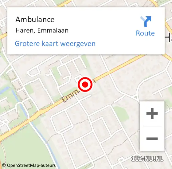 Locatie op kaart van de 112 melding: Ambulance Haren, Emmalaan op 30 juni 2019 21:37
