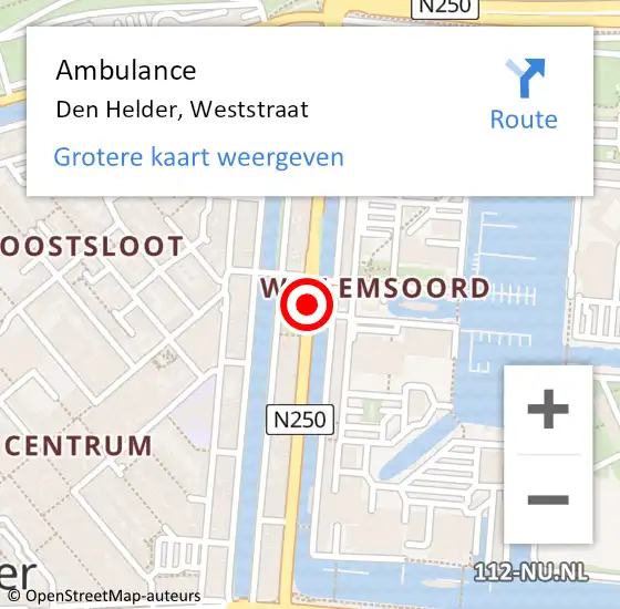 Locatie op kaart van de 112 melding: Ambulance Den Helder, Weststraat op 1 juli 2019 08:46