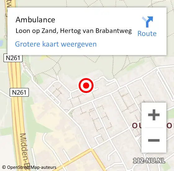 Locatie op kaart van de 112 melding: Ambulance Loon op Zand, Hertog van Brabantweg op 1 juli 2019 10:16