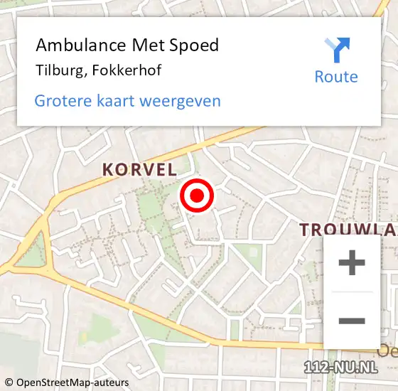 Locatie op kaart van de 112 melding: Ambulance Met Spoed Naar Tilburg, Fokkerhof op 3 juli 2019 20:49