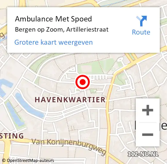 Locatie op kaart van de 112 melding: Ambulance Met Spoed Naar Bergen op Zoom, Artilleriestraat op 6 juli 2019 03:34