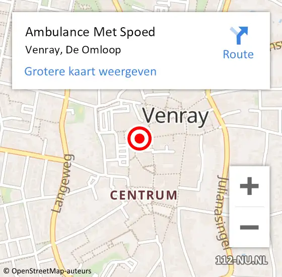 Locatie op kaart van de 112 melding: Ambulance Met Spoed Naar Venray, De Omloop op 6 juli 2019 19:46