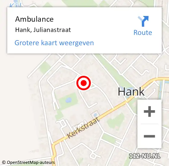 Locatie op kaart van de 112 melding: Ambulance Hank, Julianastraat op 6 juli 2019 20:43