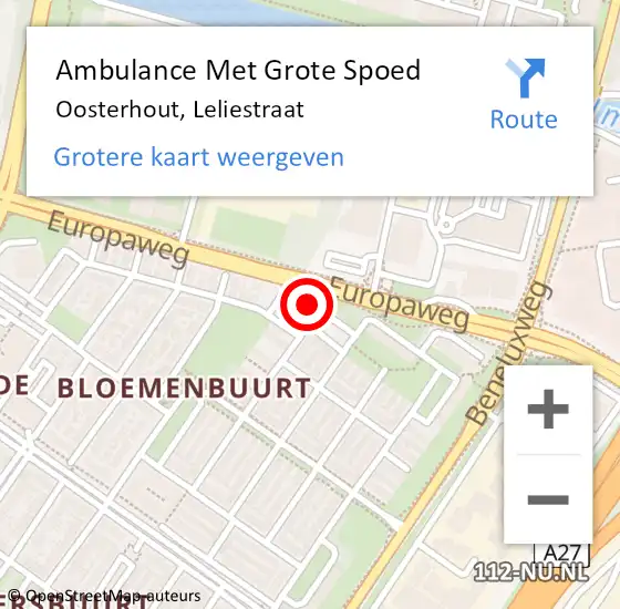 Locatie op kaart van de 112 melding: Ambulance Met Grote Spoed Naar Oosterhout, Leliestraat op 8 juli 2019 02:23