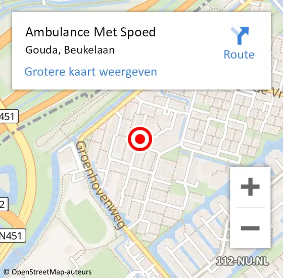 Locatie op kaart van de 112 melding: Ambulance Met Spoed Naar Gouda, Beukelaan op 8 juli 2019 06:43