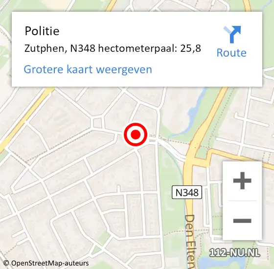 Locatie op kaart van de 112 melding: Politie Zutphen, N348 hectometerpaal: 25,8 op 8 juli 2019 13:55