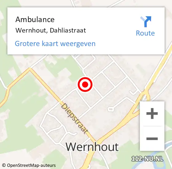 Locatie op kaart van de 112 melding: Ambulance Wernhout, Dahliastraat op 8 juli 2019 16:29