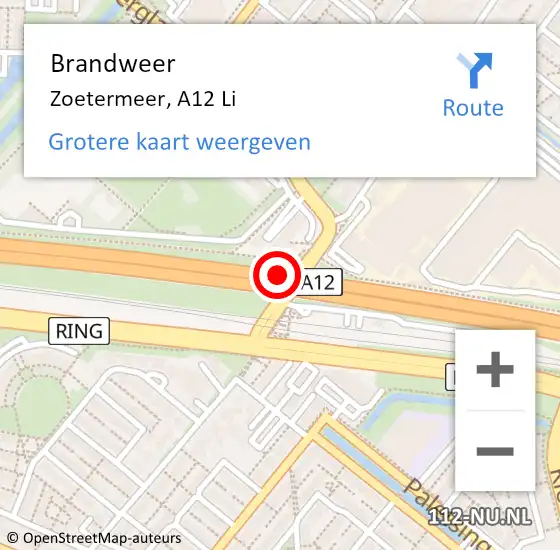 Locatie op kaart van de 112 melding: Brandweer Zoetermeer, A12 Li hectometerpaal: 15,6 op 9 juli 2019 06:24