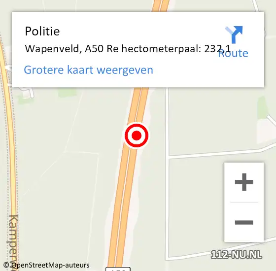 Locatie op kaart van de 112 melding: Politie Wapenveld, A50 Re hectometerpaal: 232,1 op 10 juli 2019 15:53