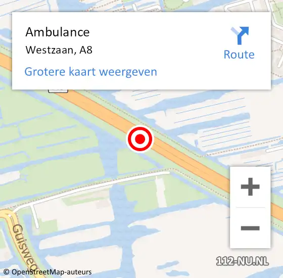 Locatie op kaart van de 112 melding: Ambulance Westzaan, A8 op 10 juli 2019 17:19