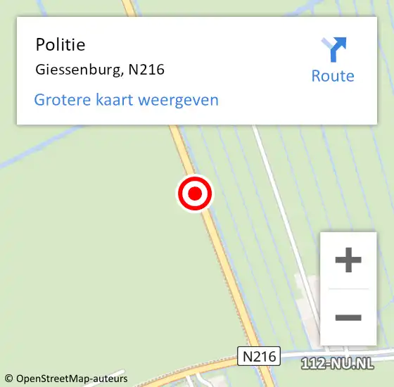 Locatie op kaart van de 112 melding: Politie Giessenburg, N216 op 10 juli 2019 18:00