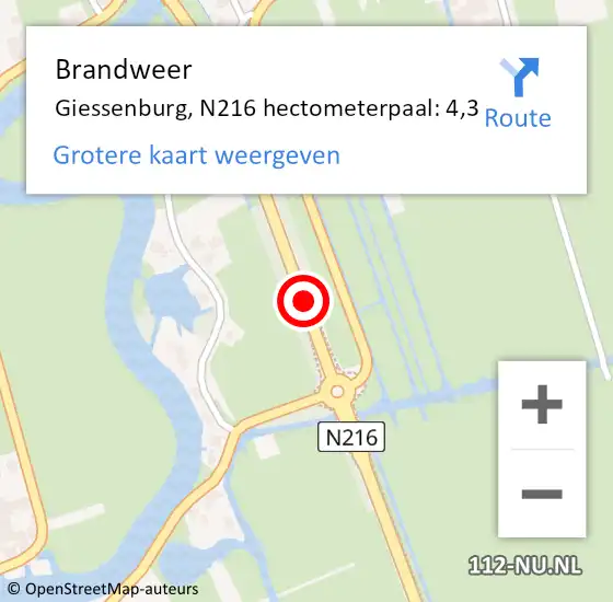 Locatie op kaart van de 112 melding: Brandweer Giessenburg, N216 hectometerpaal: 4,3 op 10 juli 2019 18:52