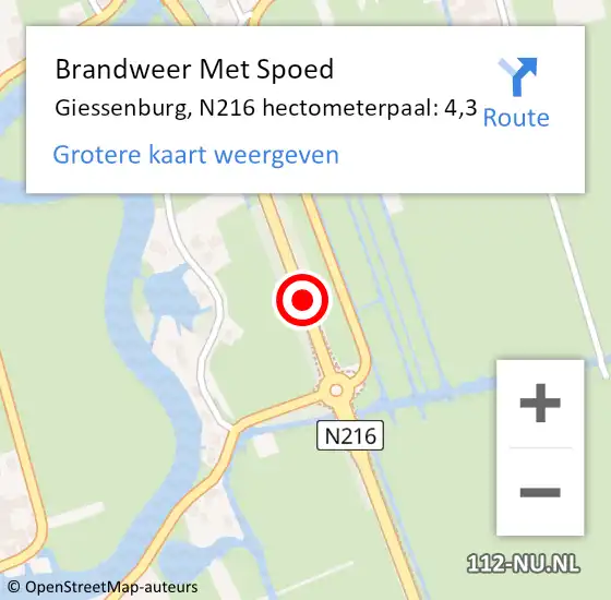 Locatie op kaart van de 112 melding: Brandweer Met Spoed Naar Giessenburg, N216 hectometerpaal: 4,3 op 10 juli 2019 19:17