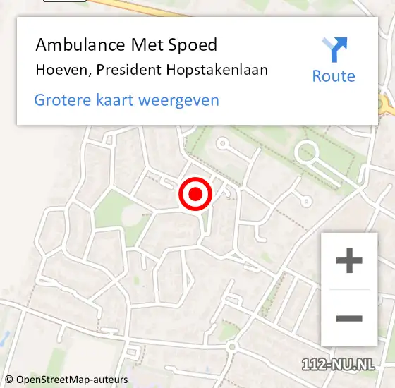 Locatie op kaart van de 112 melding: Ambulance Met Spoed Naar Hoeven, President Hopstakenlaan op 11 juli 2019 06:53
